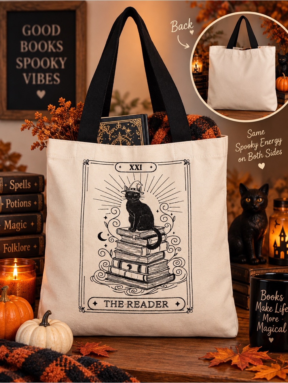 NWT The Reader Cat Tote Bag - Black on Cream Canvas
